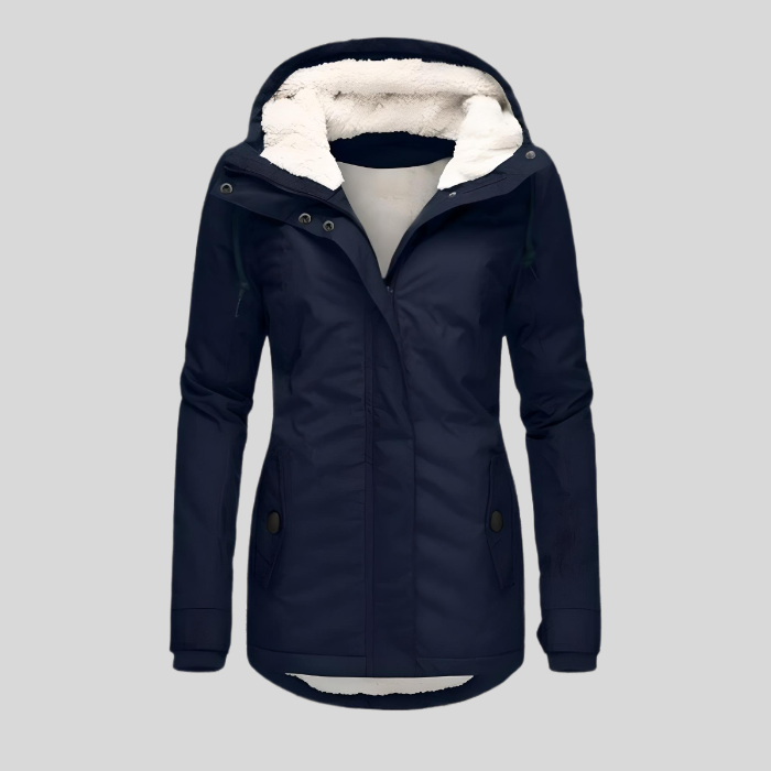 Rosalind hooded winter coat in navy blue, front view