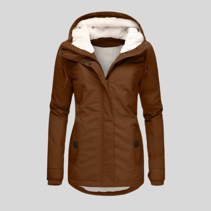 Rosalind hooded winter coat in brown, front view