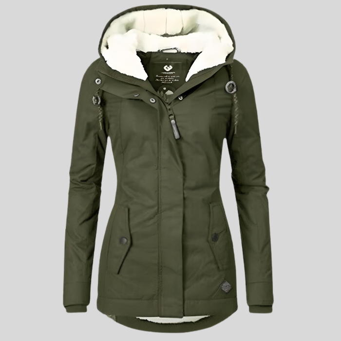 Rosalind hooded winter coat in olive green, front view