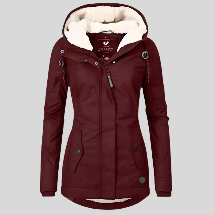 Rosalind hooded winter coat in burgundy, front view