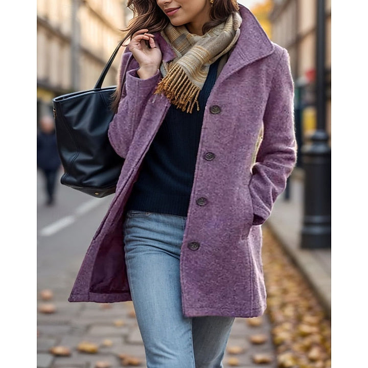 Rosalind turndown collar winter coat in purple, front view with tote bag