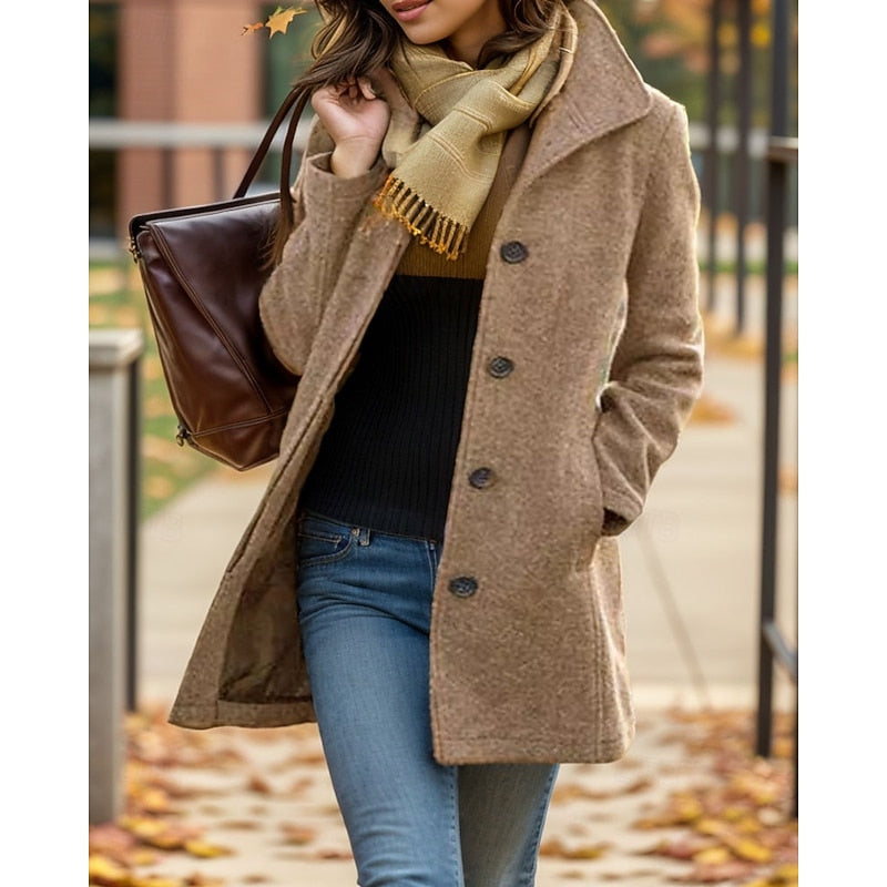 Rosalind turndown collar winter coat in tan, styled with scarf and tote
