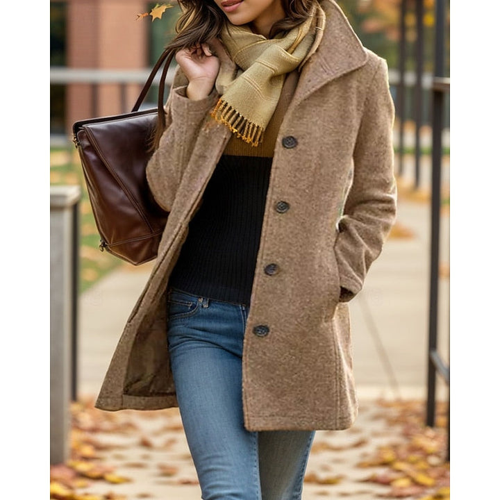 Rosalind turndown collar winter coat in tan, styled with scarf and tote