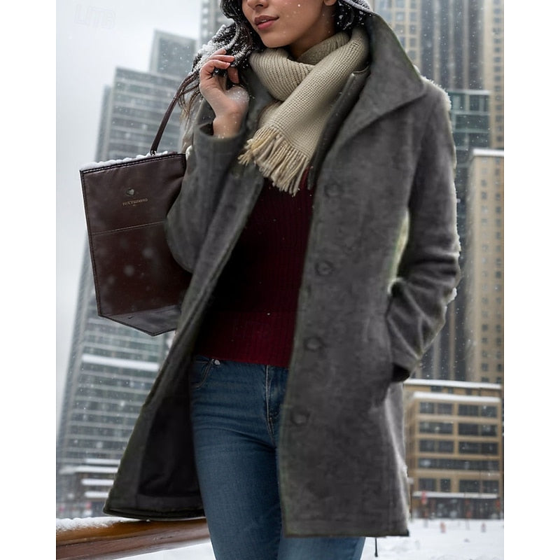 Rosalind turndown collar winter coat in gray, front view in snow
