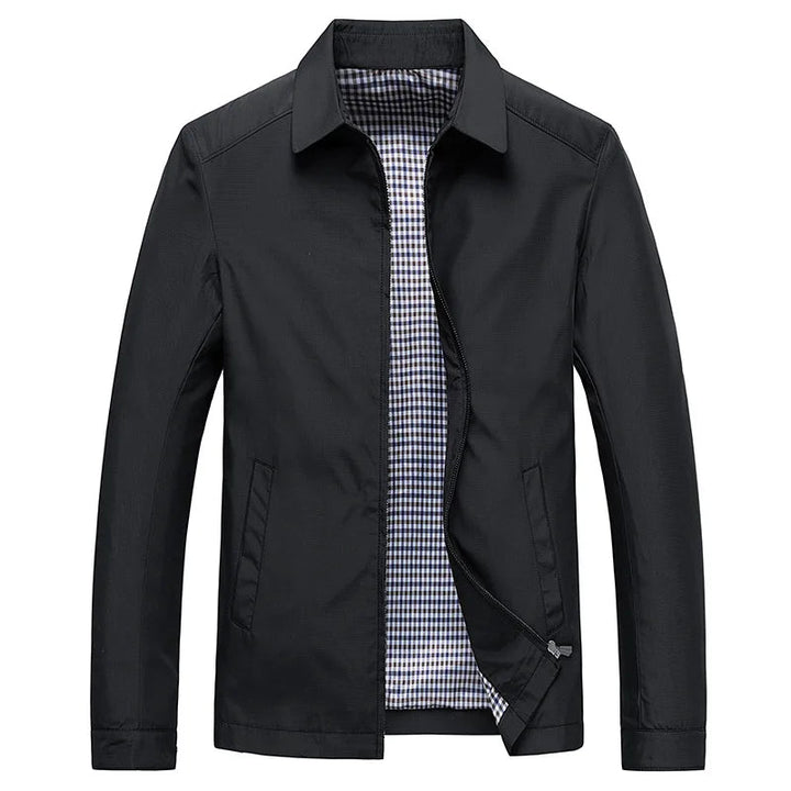 Rowan lightweight water-resistant jacket in black, front view open