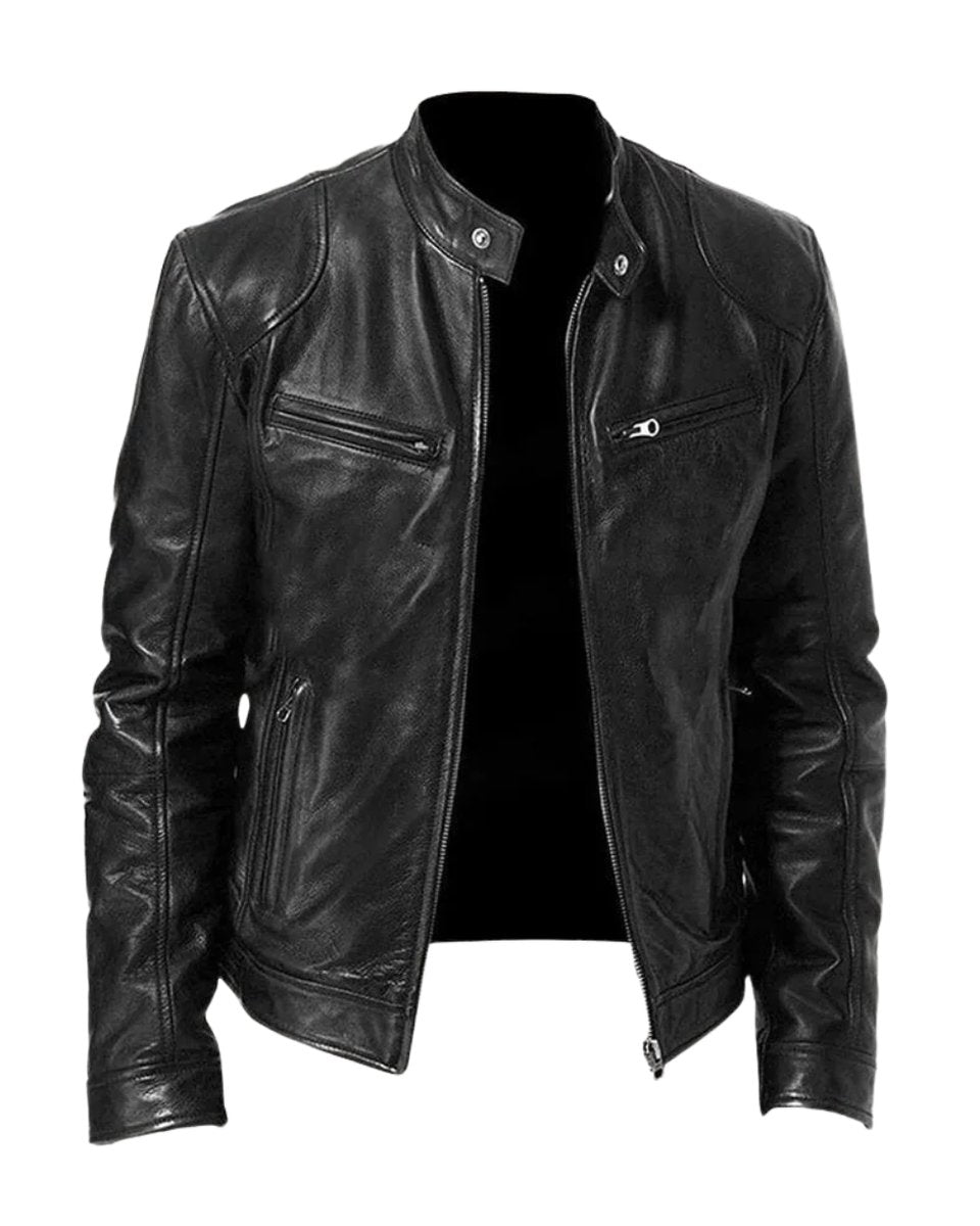 Rowan slim-fit biker jacket in black, front view open