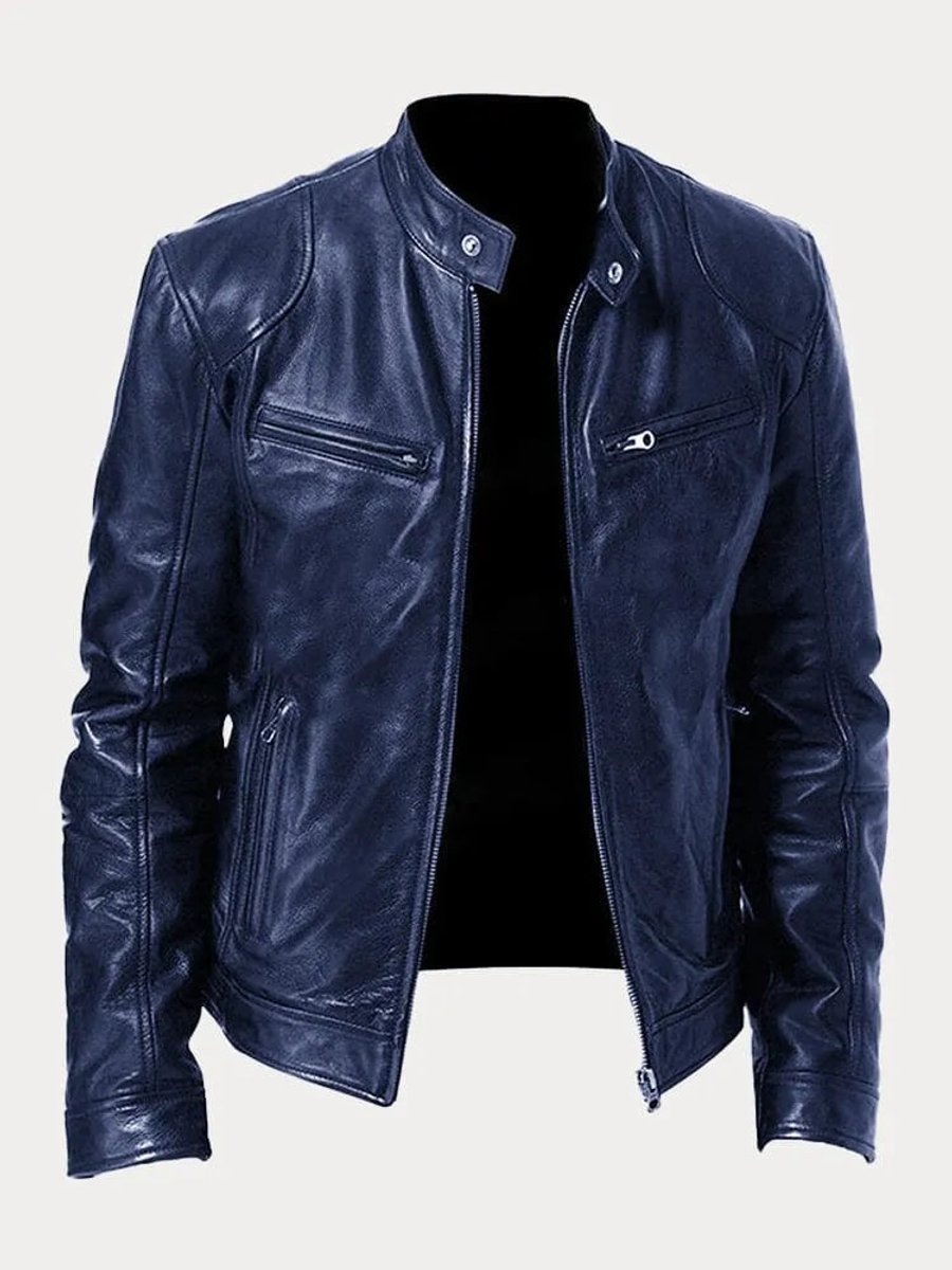 Rowan slim-fit biker jacket in navy blue, front view open
