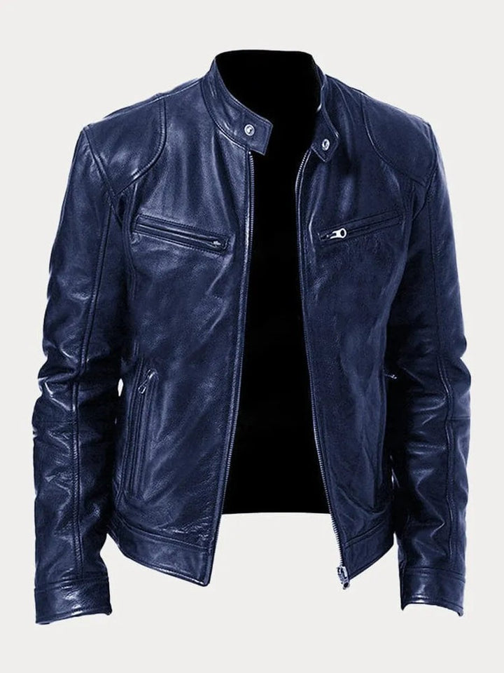 Rowan slim-fit biker jacket in navy blue, front view open