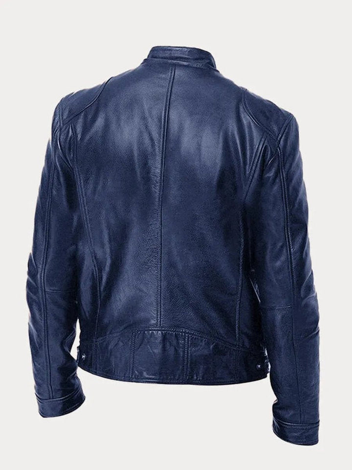 Rowan slim-fit biker jacket in navy blue, back view
