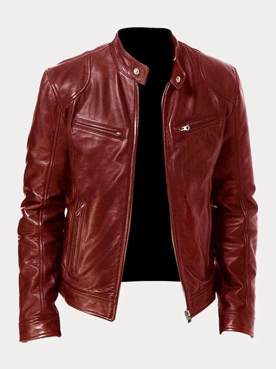 Rowan slim-fit biker jacket in dark red, front view open