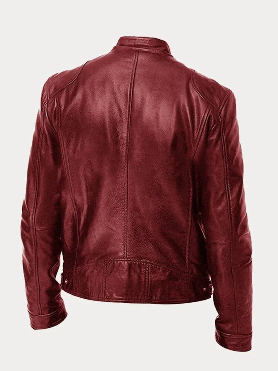 Rowan slim-fit biker jacket in dark red, back view