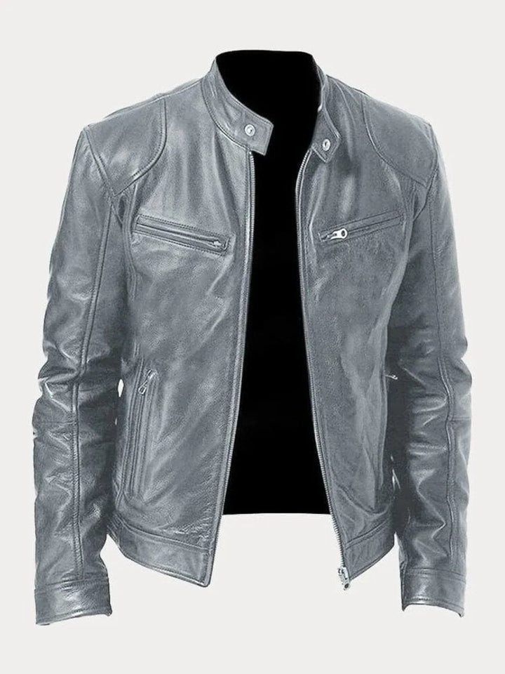 Rowan slim-fit biker jacket in gray, front view open