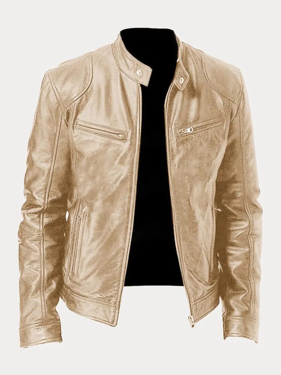 Rowan slim-fit biker jacket in gold, front view open