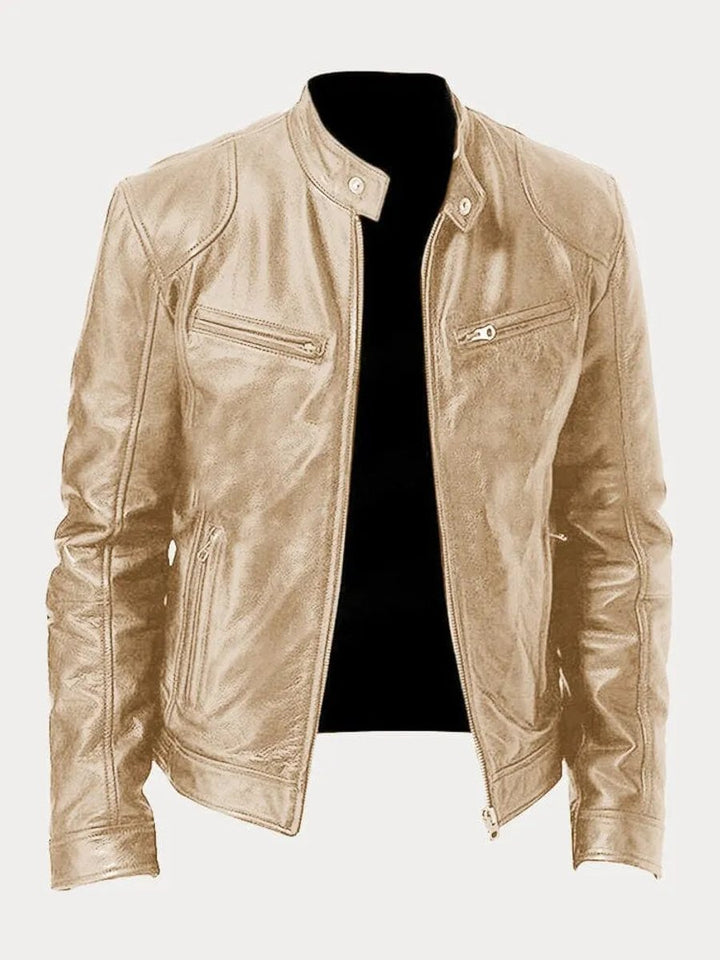 Rowan slim-fit biker jacket in gold, front view open