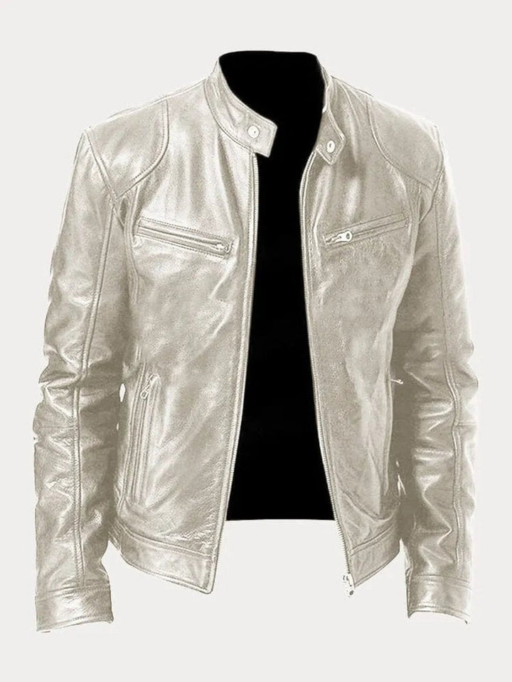 Rowan slim-fit biker jacket in silver, front view open