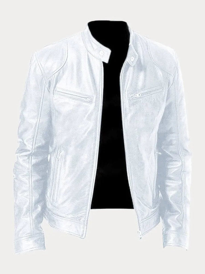 Rowan slim-fit biker jacket in white, front view open