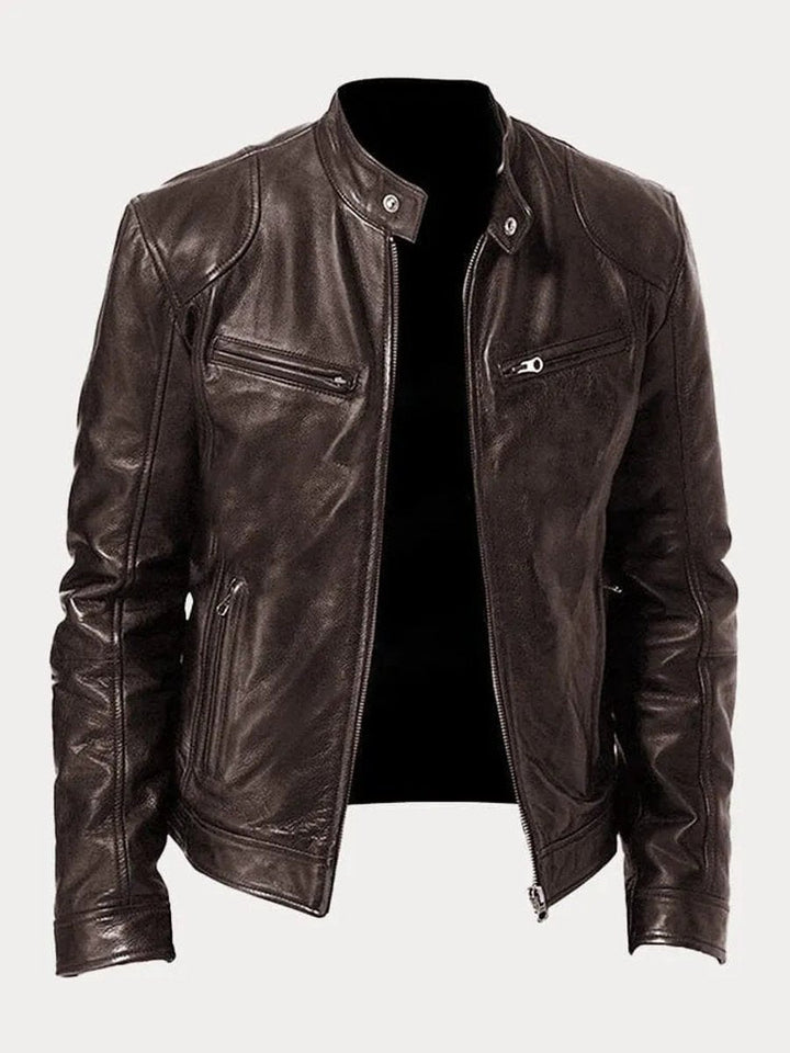 Rowan slim-fit biker jacket in brown, front view open