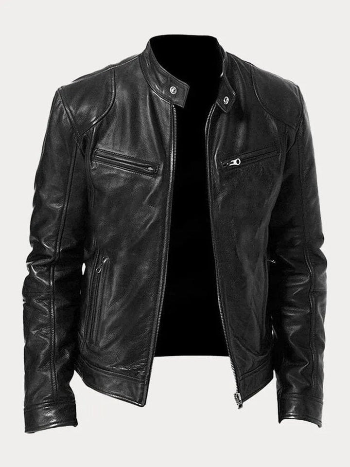 Rowan slim-fit biker jacket in black, front view open on mannequin