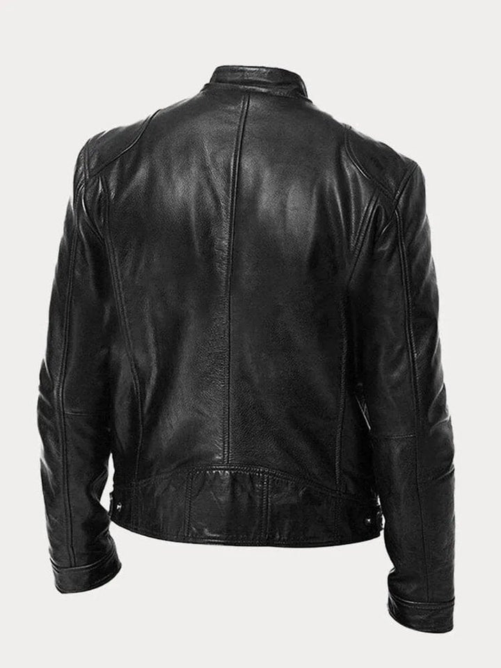 Rowan slim-fit biker jacket in black, back view on mannequin