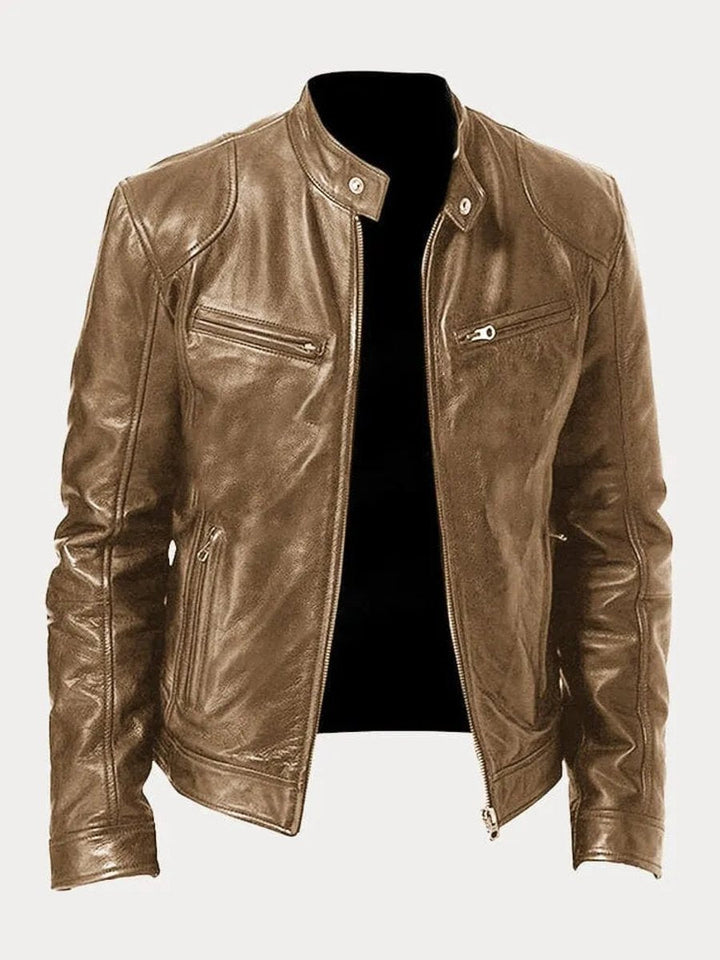 Rowan slim-fit biker jacket in khaki, front view open