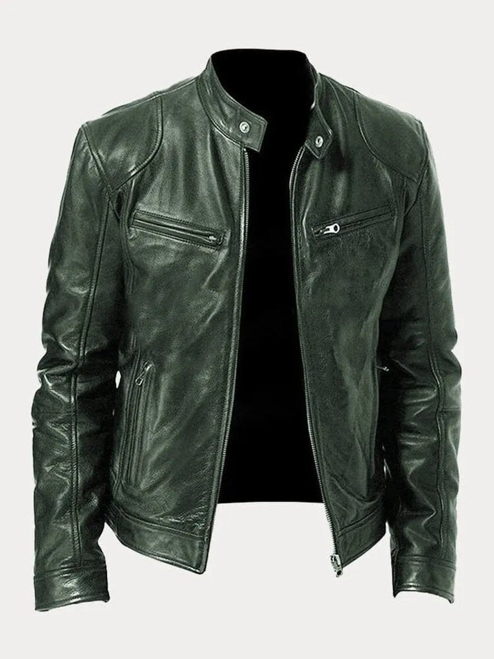 Rowan slim-fit biker jacket in dark green, front view open