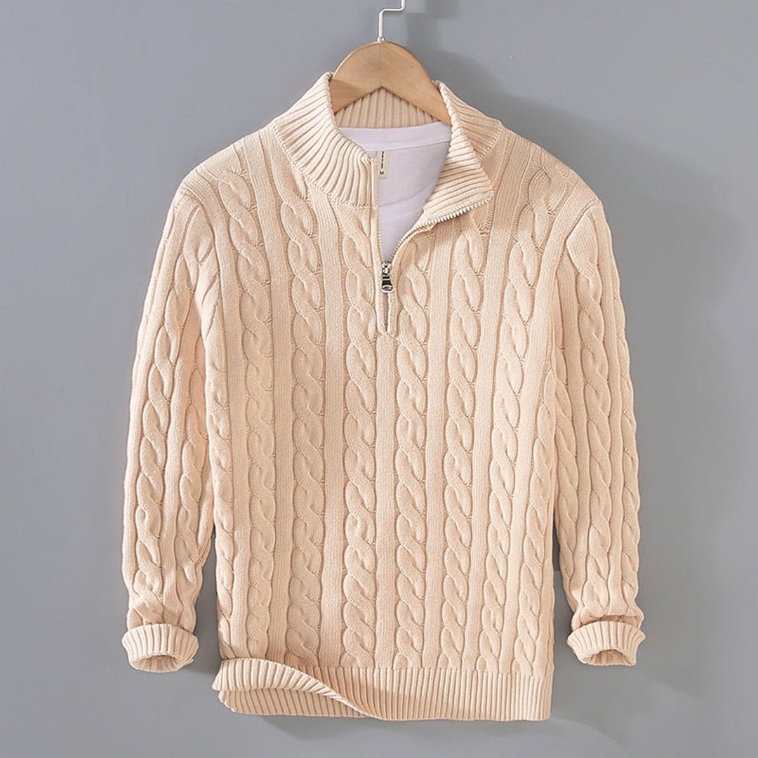 Sebastian cable knit quarter zip sweater in beige, front view on hanger