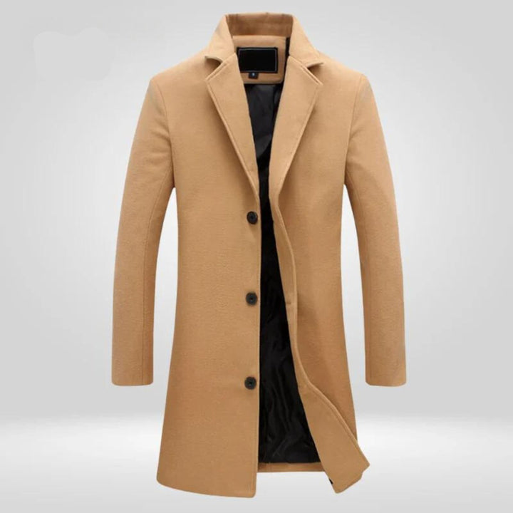Sebastian single-breasted long wool coat in camel, front view