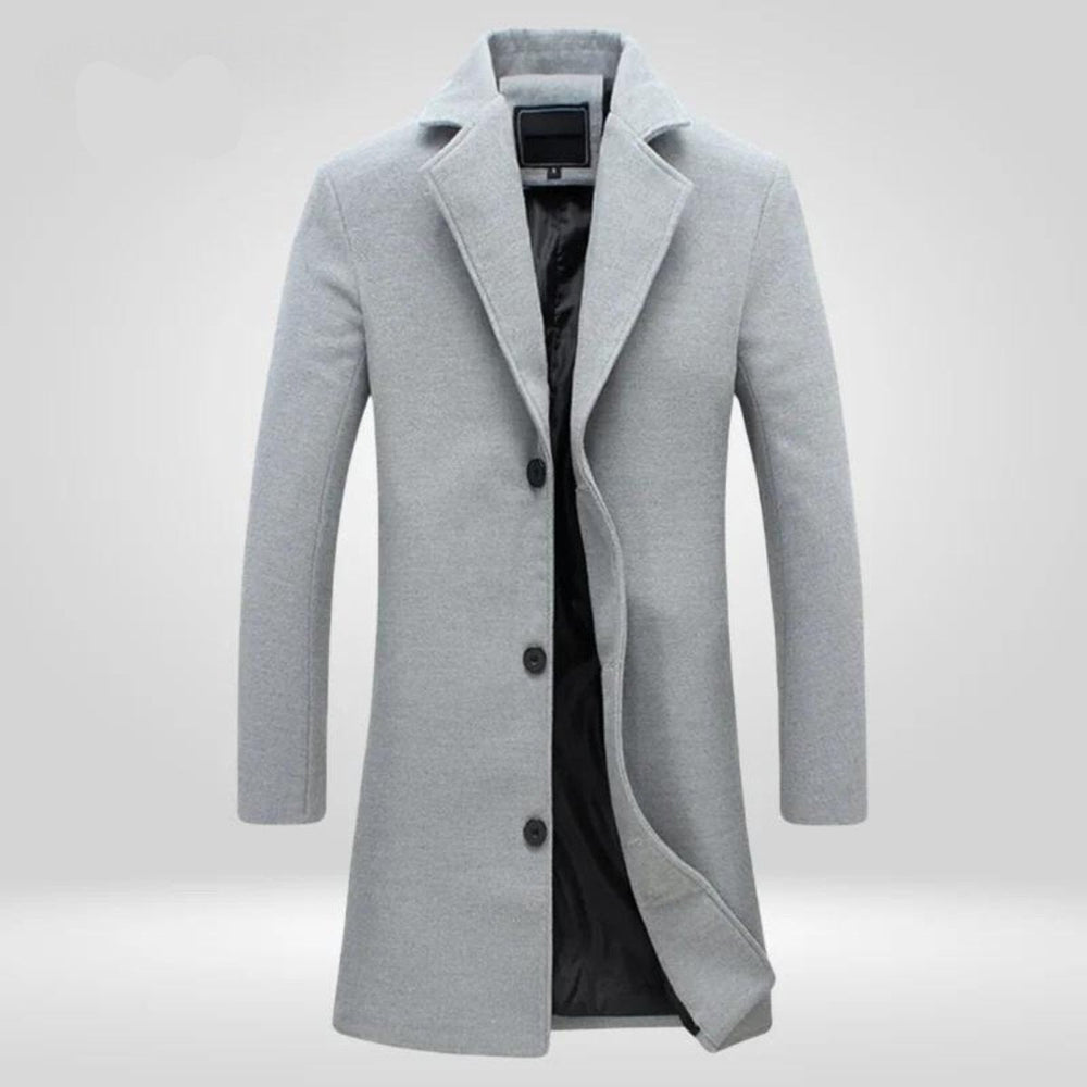 Sebastian single-breasted long wool coat in light gray, front view