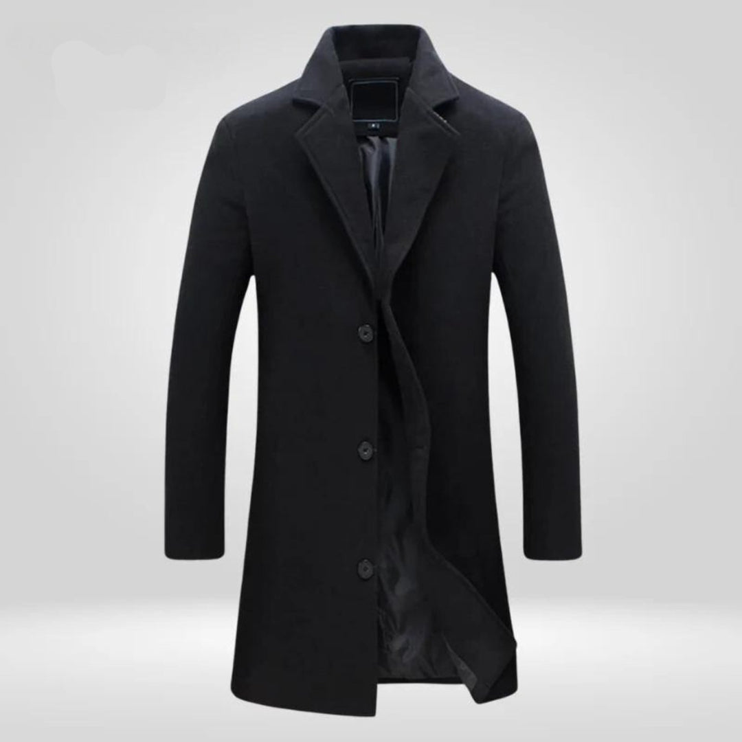 Sebastian single-breasted long wool coat in black, front view