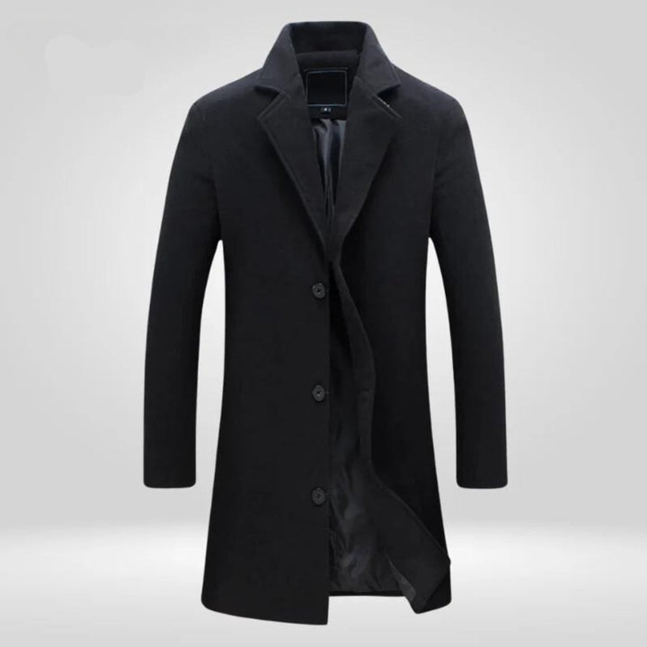 Sebastian single-breasted long wool coat in black, front view