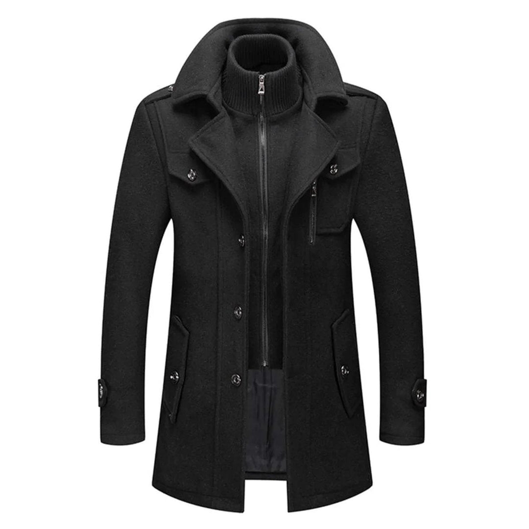 Sebastian slim-fit wool coat with knit collar, front view zipped up