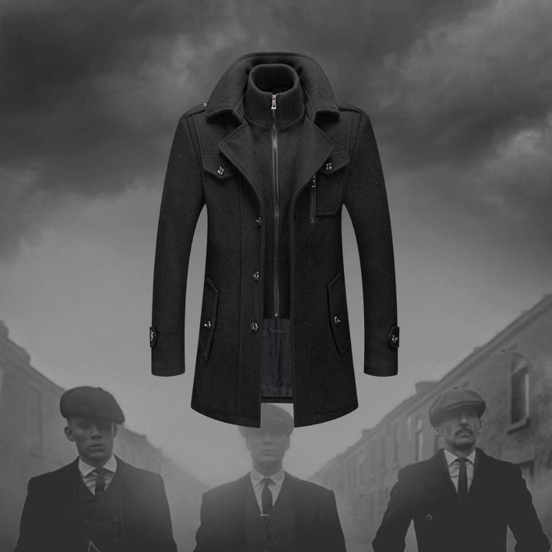 Sebastian wool coat styled against a moody urban backdrop
