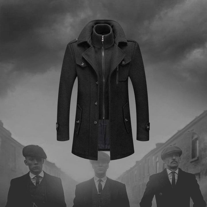 Sebastian wool coat styled against a moody urban backdrop