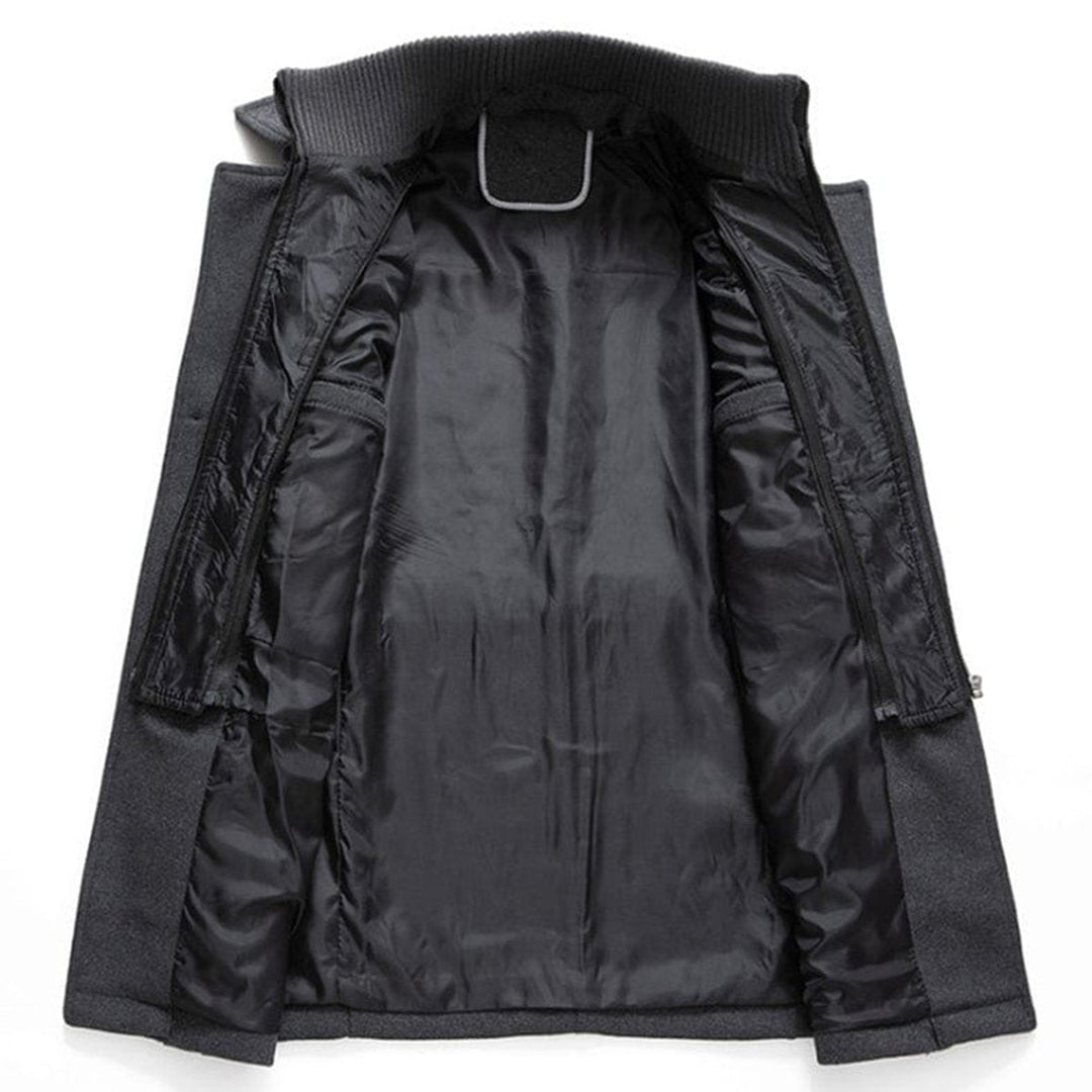 Sebastian wool coat interior lining and detachable knit collar detail