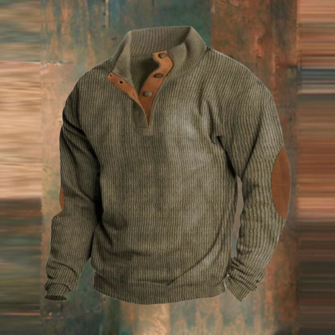 Sylvester ribbed button placket sweater in olive green, front view