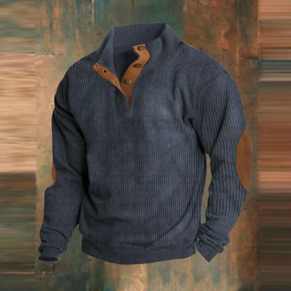 Sylvester ribbed button placket sweater in navy blue, front view