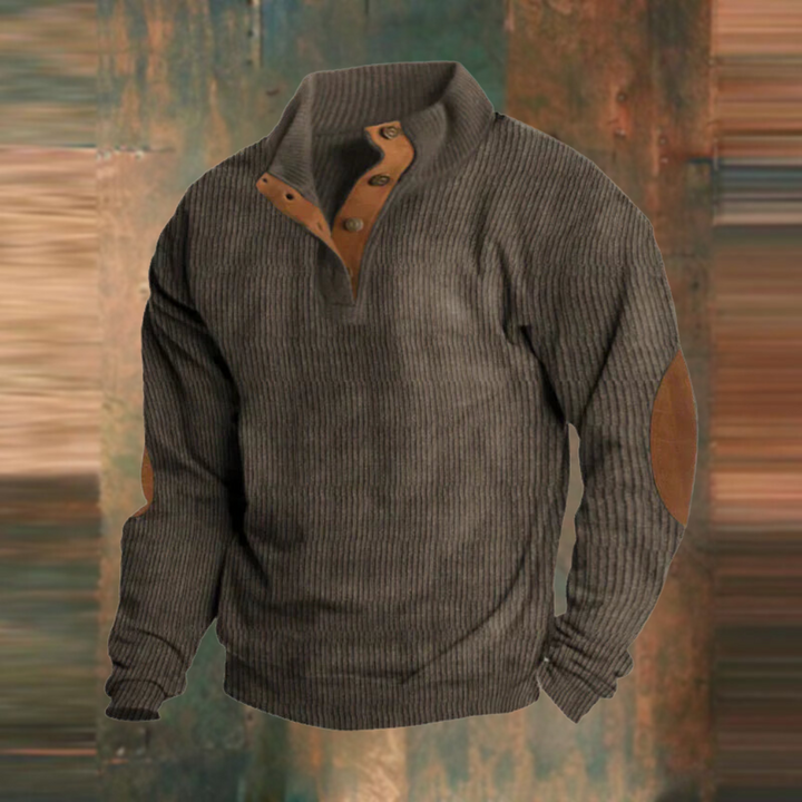 Sylvester ribbed button placket sweater in dark gray, front view