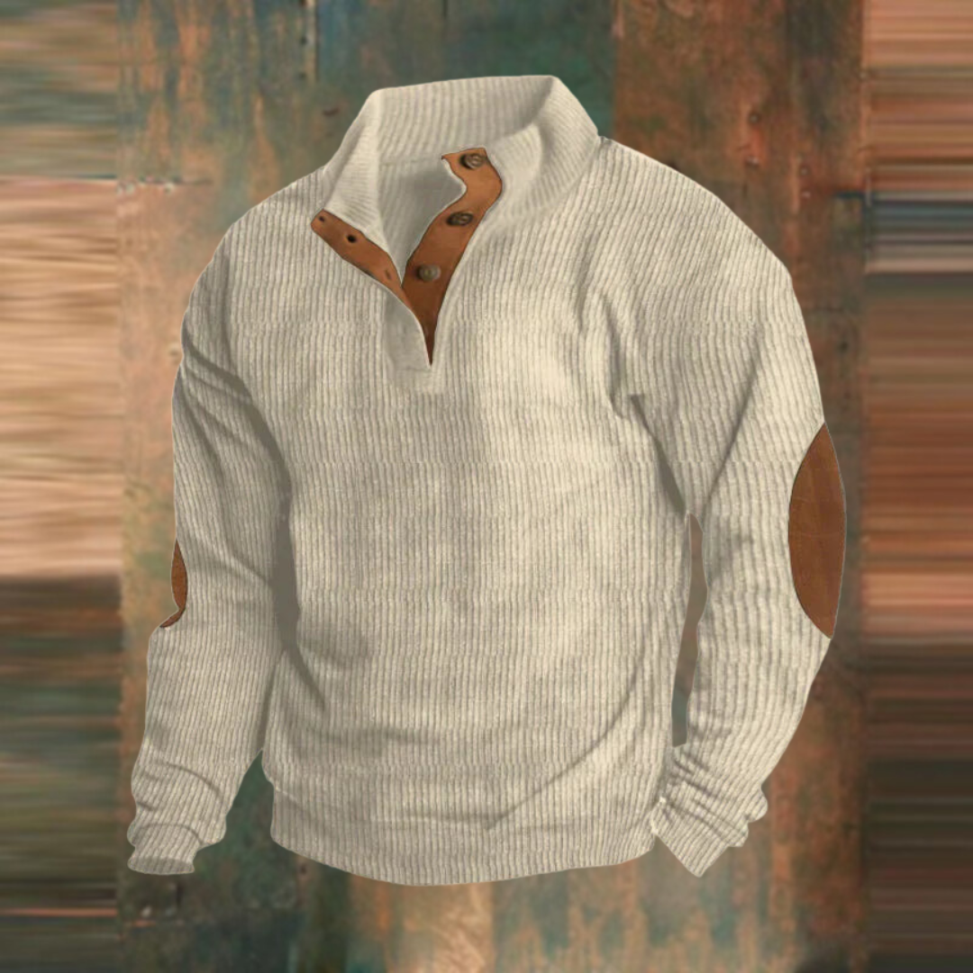 Sylvester ribbed button placket sweater in beige, front view