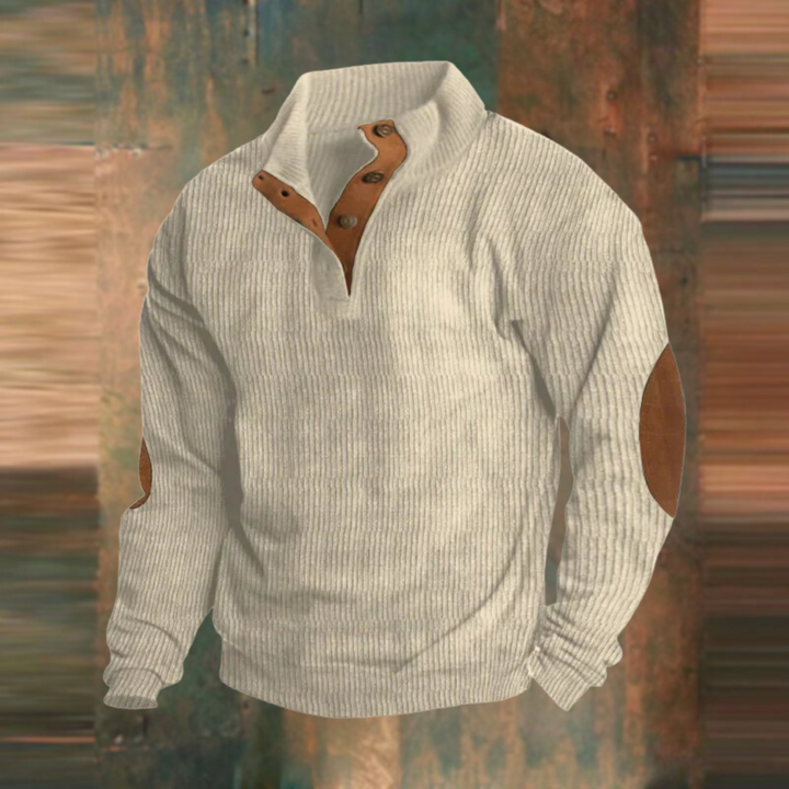 Sylvester ribbed button placket sweater in beige, front view