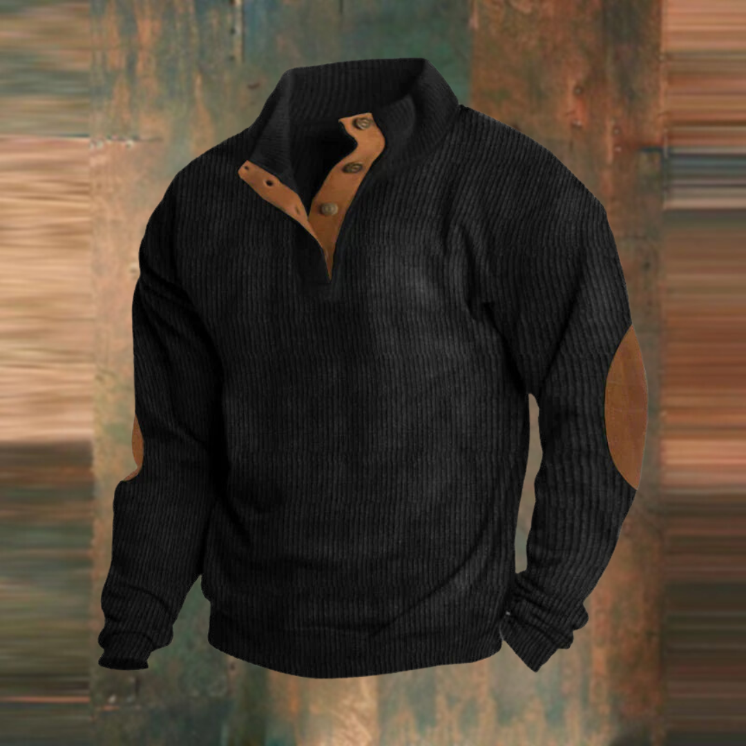 Sylvester ribbed button placket sweater in black, front view