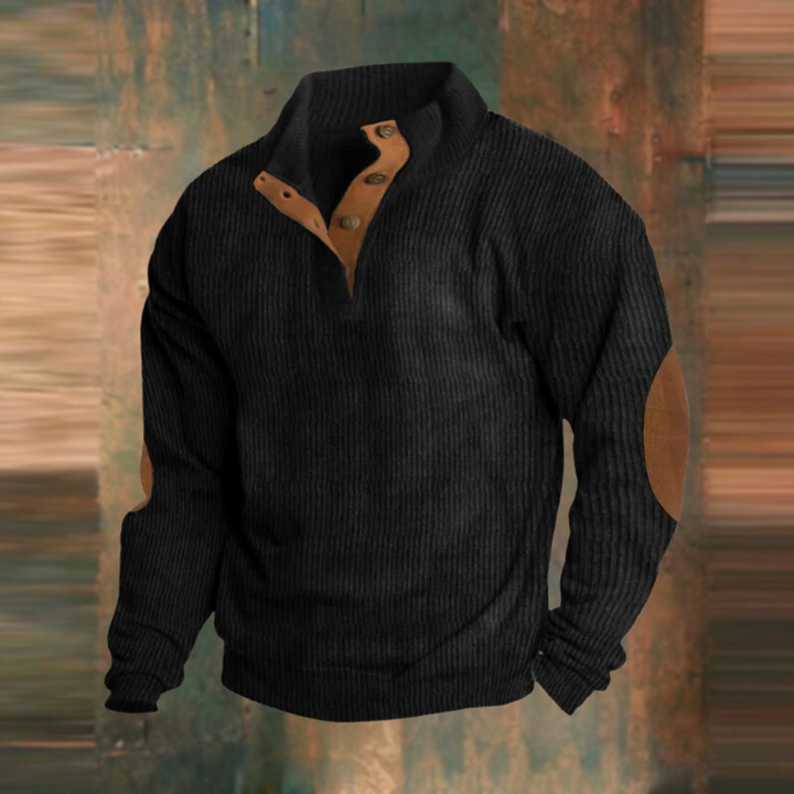 Sylvester ribbed button placket sweater in black, front view