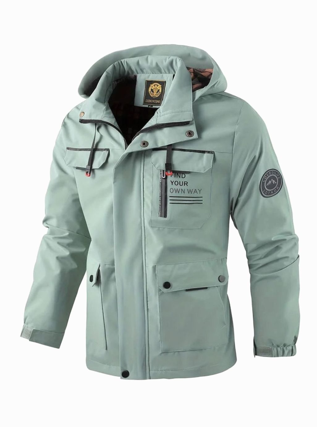 Theodore hooded waterproof winter jacket in light green, front view