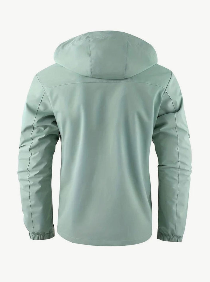 Theodore hooded waterproof winter jacket in light green, back view