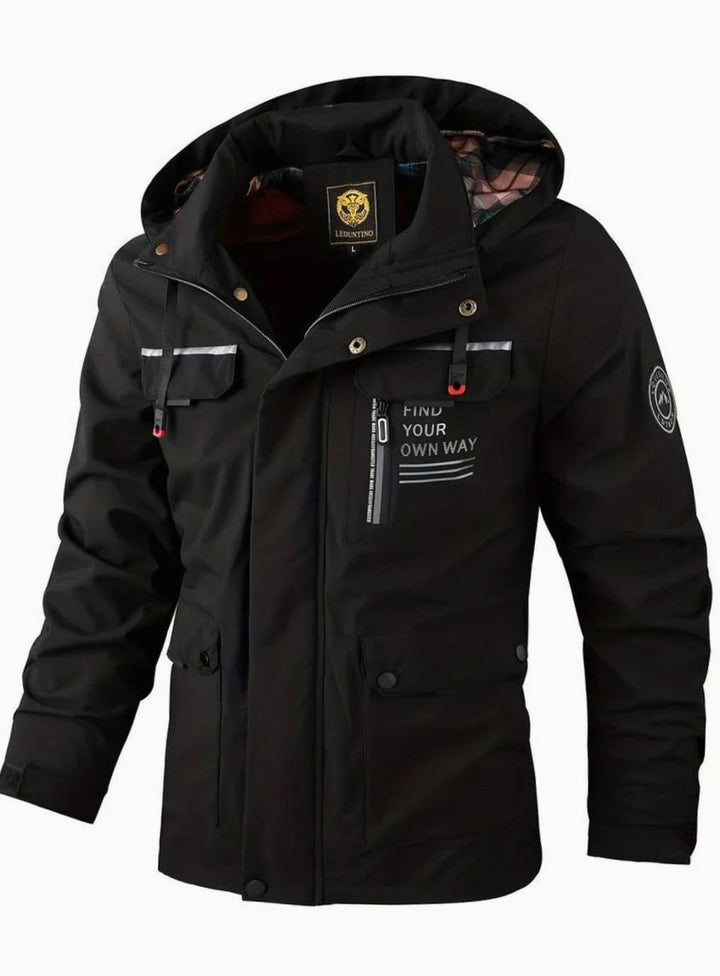 Theodore hooded waterproof winter jacket in black, front view
