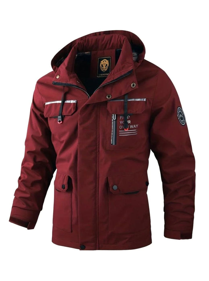 Theodore hooded waterproof winter jacket in burgundy, front view