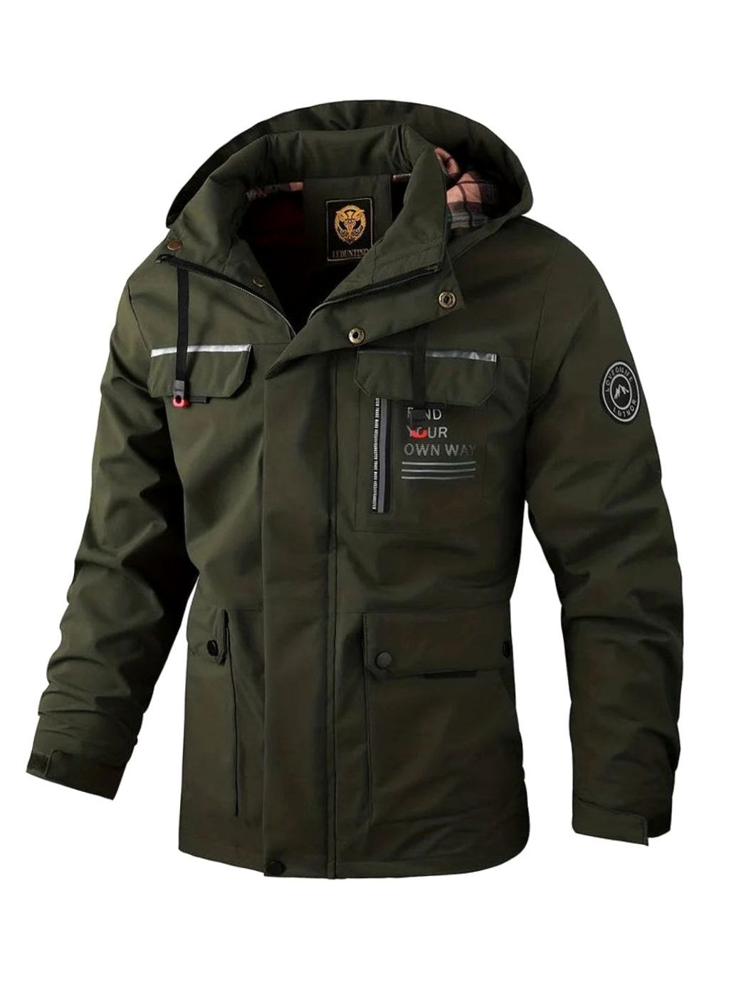 Theodore hooded waterproof winter jacket in dark green, front view