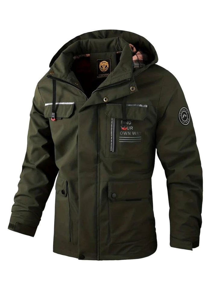 Theodore hooded waterproof winter jacket in dark green, front view