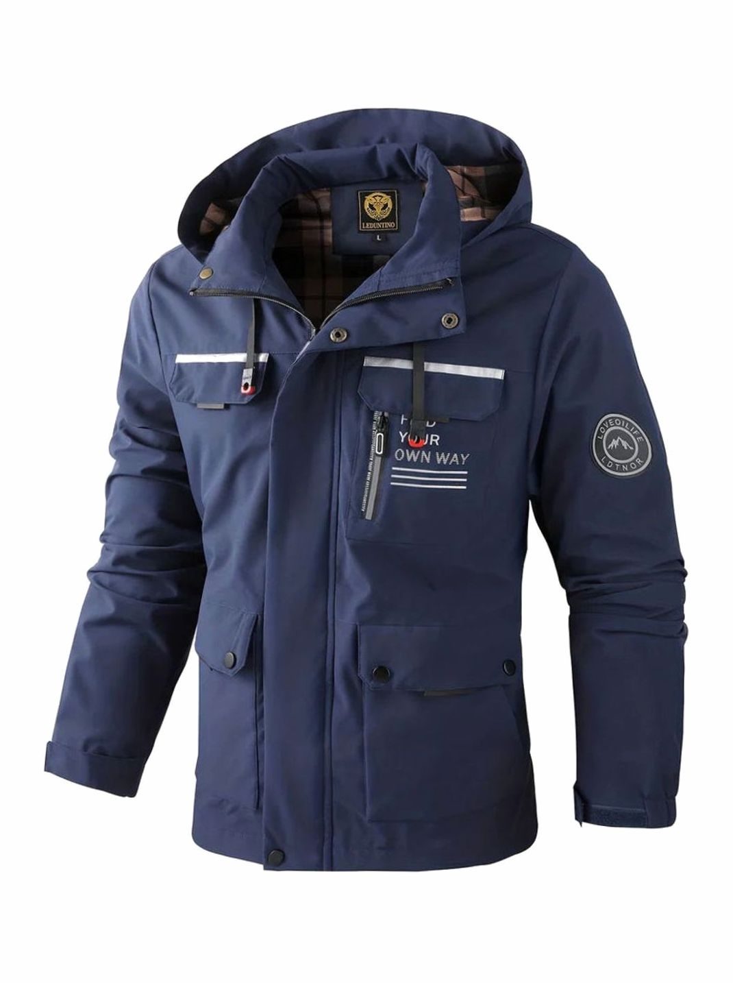 Theodore hooded waterproof winter jacket in navy blue, front view