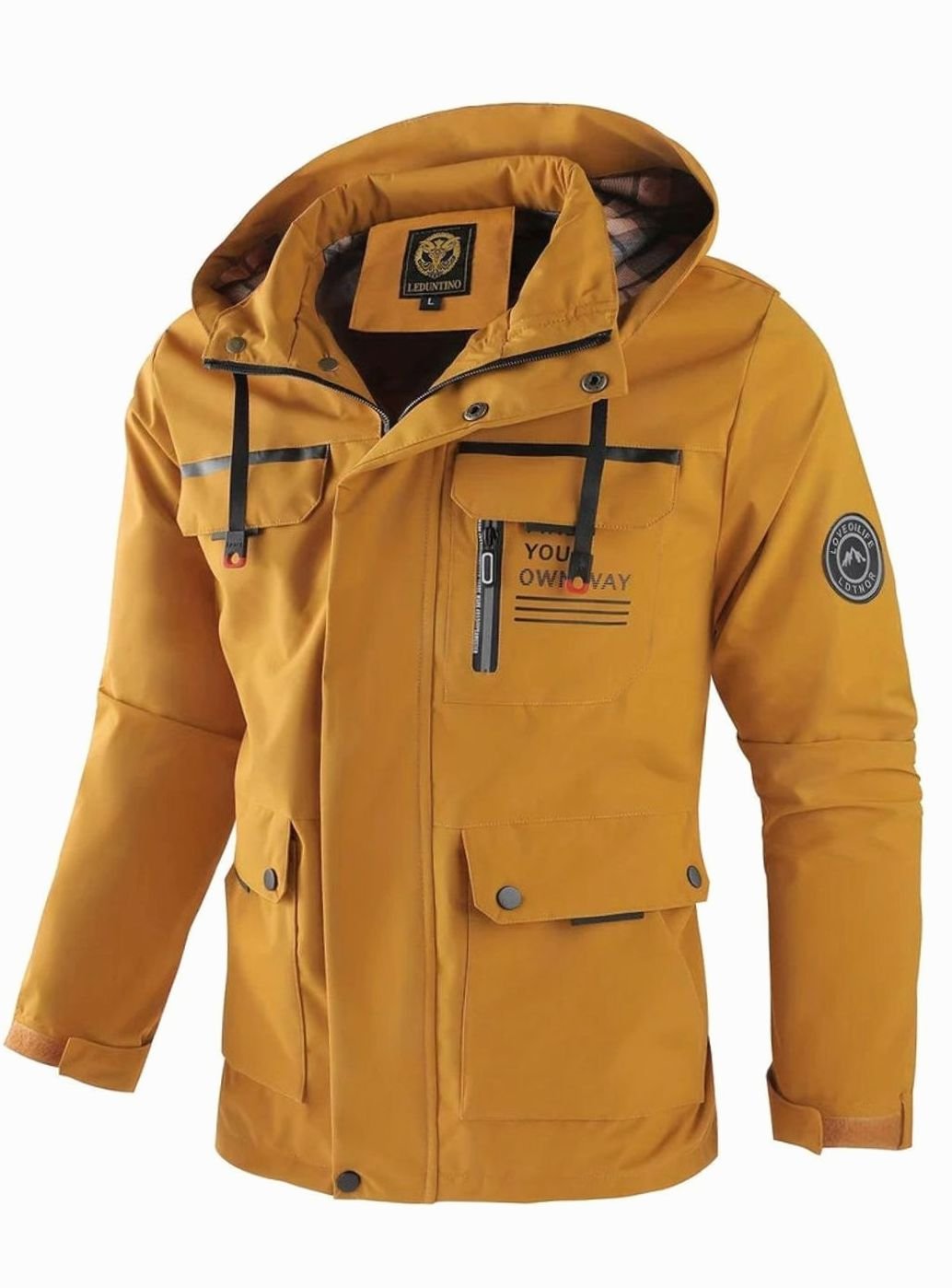 Theodore hooded waterproof winter jacket in yellow, front view