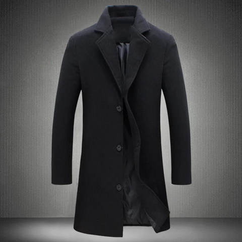 Theodore long formal wool coat in black, front view unbuttoned